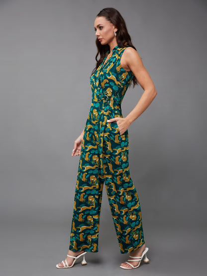 Miss Chase WomenS Shirt Collar Sleeveless Animal Printed Regular Length Jumpsuit With Pockets (Mcss24D19-43-306-02, Multicolore