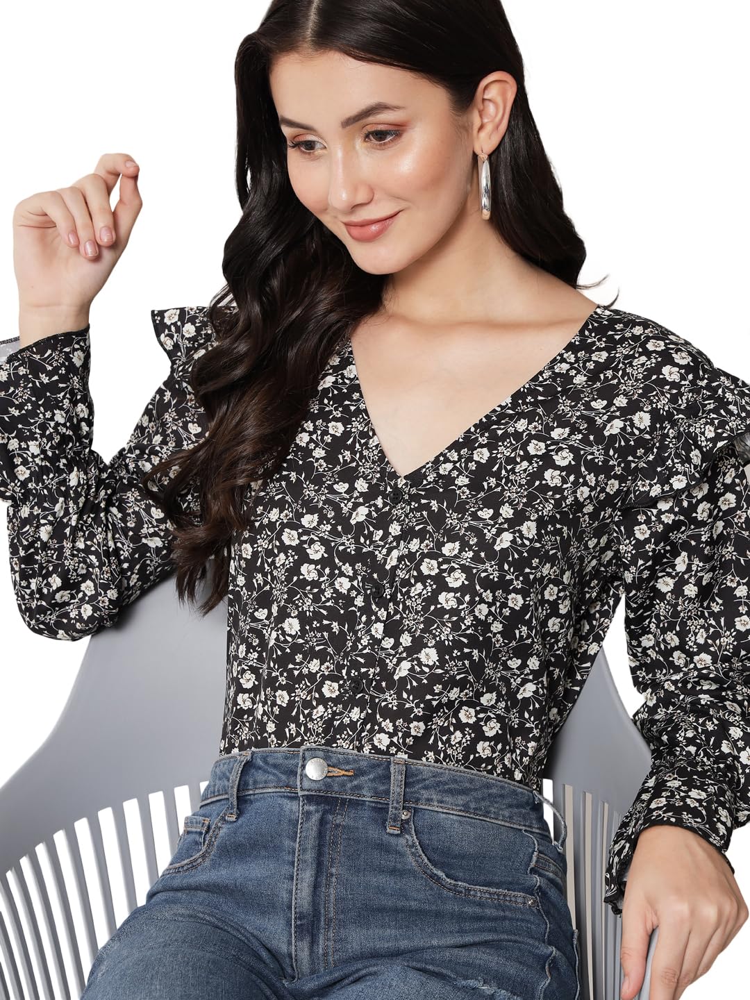 Kotty WomenS Casual Bishop Sleeve Embellished Black Top