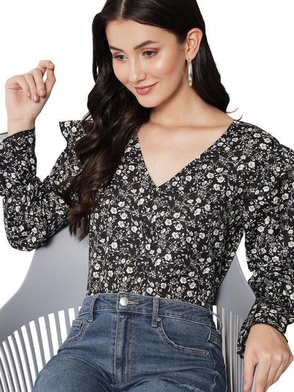 Kotty WomenS Casual Bishop Sleeve Embellished Black Top