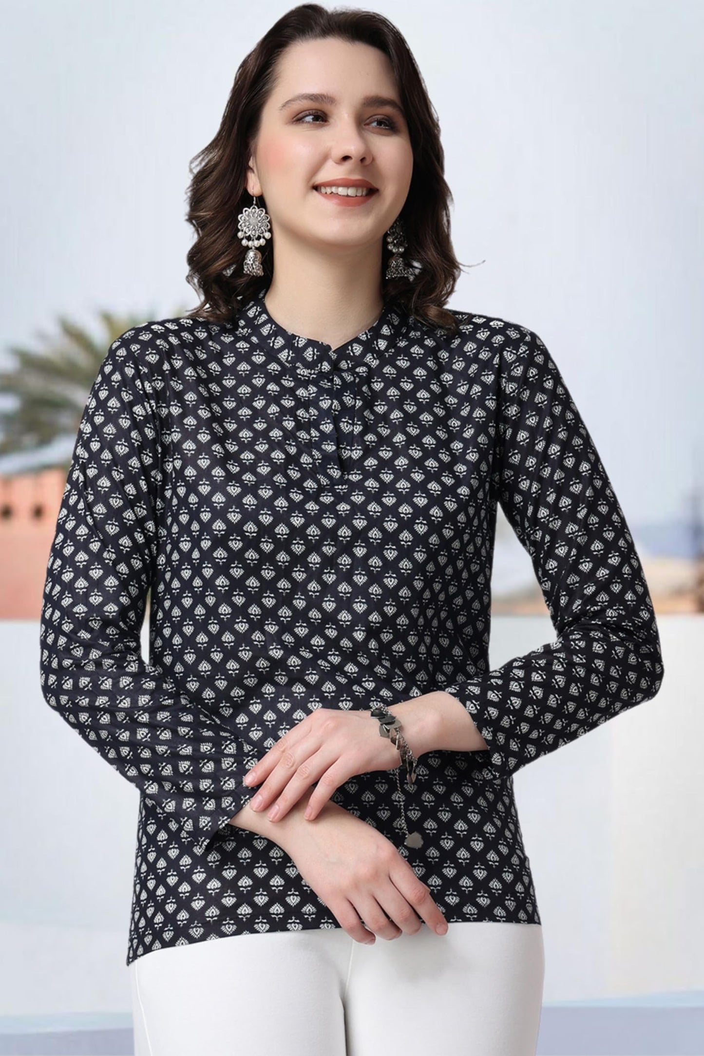 POPWINGS Women Casual Pure Cotton Black & White Booti Printed Short Kurta | Women Short Kurta | Women Printed Short Kurti
