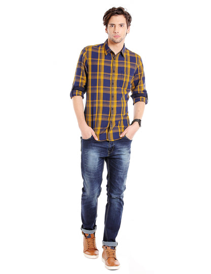 Dennis Lingo MenS Cotton Mustard Checkered Slim Fit Full Sleeves Spread Collar Casual Shirt