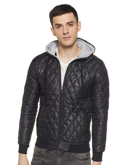 Campus Sutra Mens Solid Black Quilted Regular Fit Jacket for Casual Wear. Hooded Collar Jacket Crafted with Regular Full Sleeve
