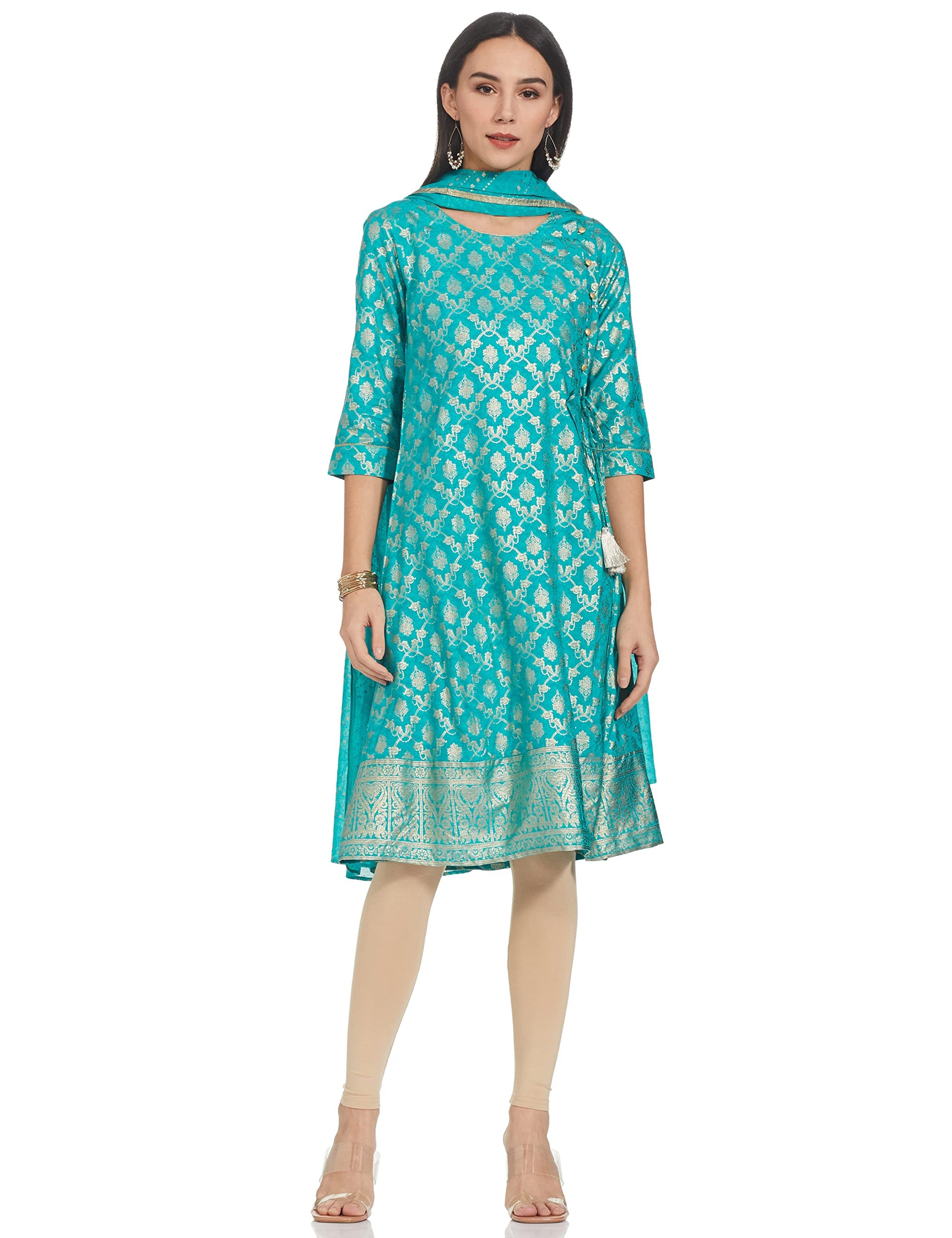 Aurelia Women's Viscose Teal Green Geometric Round Neck A-Line Kurta Set