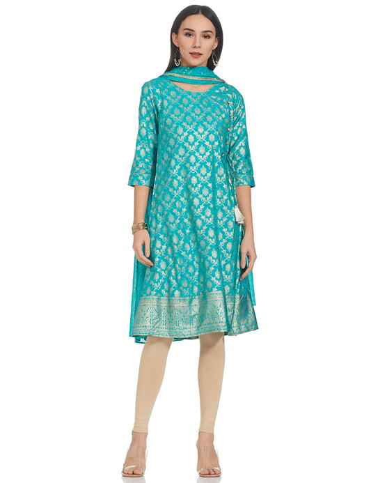 Aurelia Women's Viscose Teal Green Geometric Round Neck A-Line Kurta Set