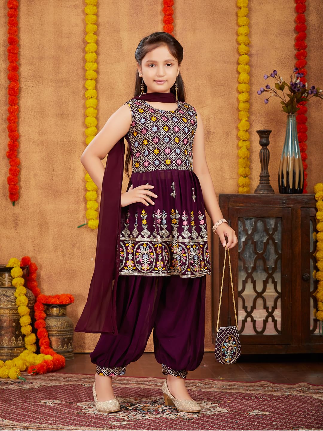 Aarika Girls Ethnic Wear Purple Colour Thread Sequin Embroidery Georgette Kurti Patiala Set With Sling Bag (4-10 Years)