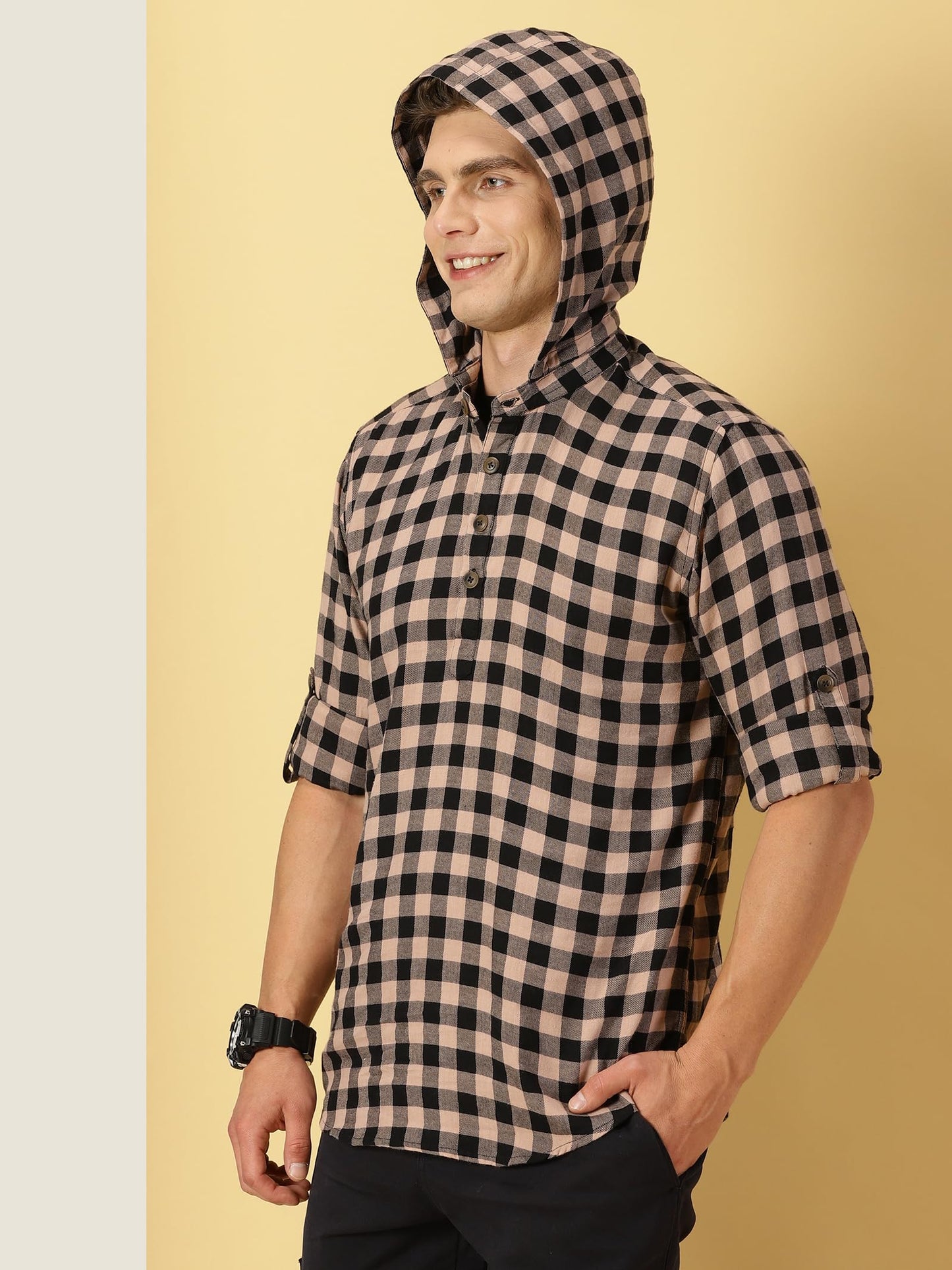Thomas Scott 100% Cotton Checkred Hodiee Half Placket Shirts for Mens