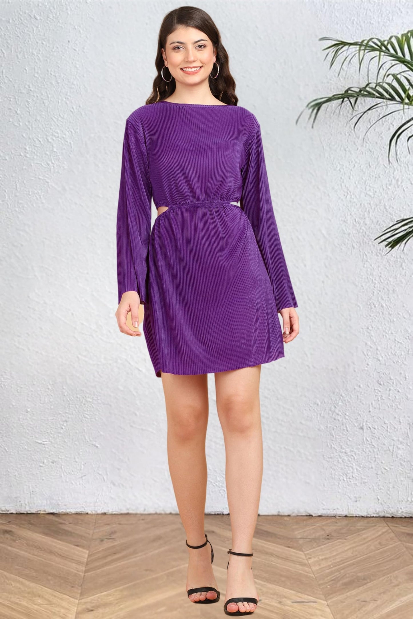 Popwings Casual Wrinkle Cutout Mini Dress For Women | Women Round Neck Dress | Women Knee Length Dress | Full Sleeve Dress For W