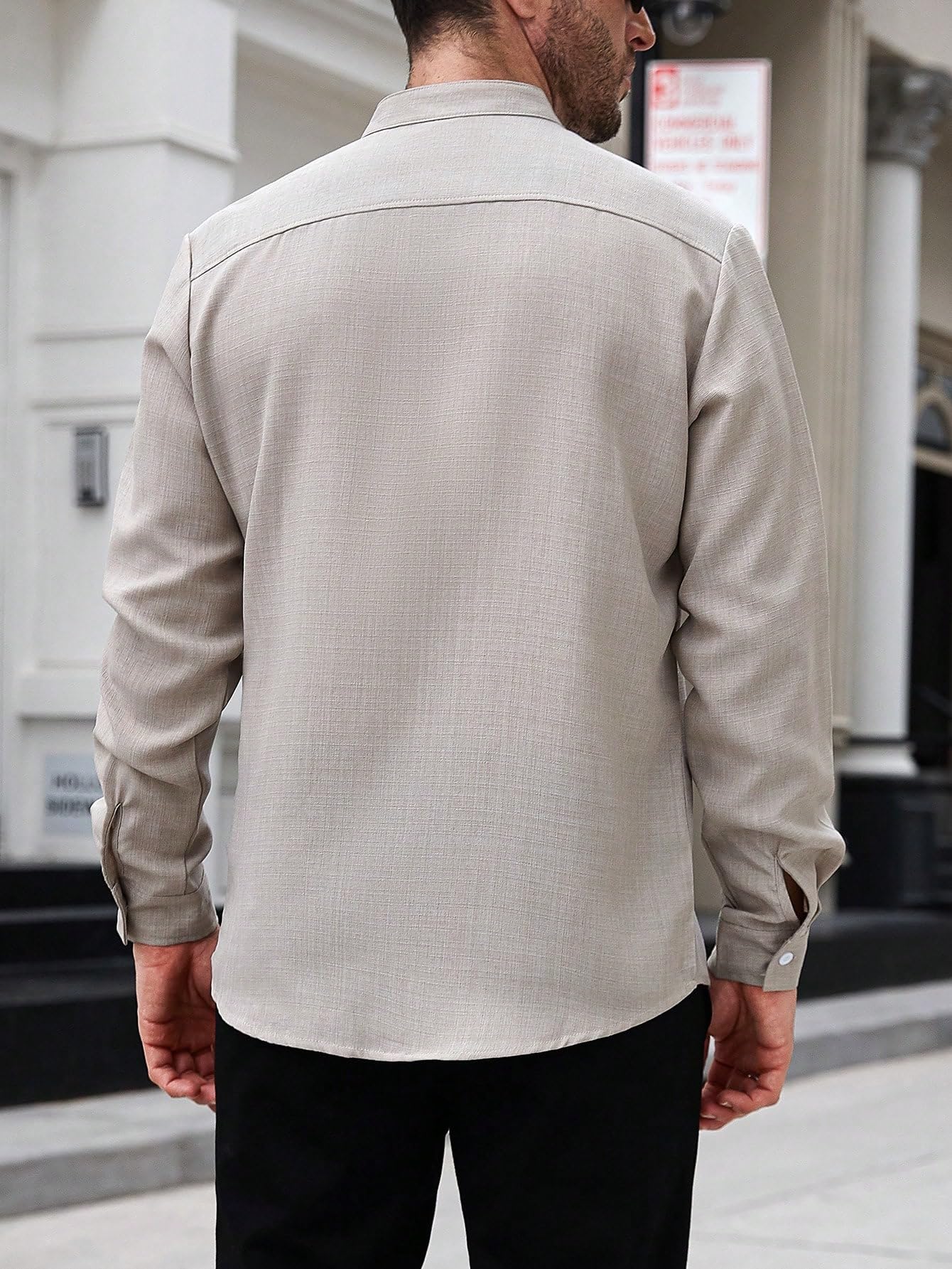 AVANOVA Mens Solid Urban Plain Beige Color Button-Down Long Sleeve Single-Breasted Stand Collar Slim Fit Business Casual Shirt,
