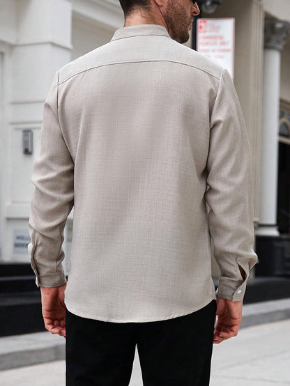 AVANOVA Mens Solid Urban Plain Beige Color Button-Down Long Sleeve Single-Breasted Stand Collar Slim Fit Business Casual Shirt,