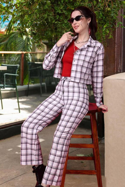 Popwings Casual Checks Print Crop Shirt And Trouser Co-Ord Set For Women | Shirt And Pant Co-Ord Set For Women | Full Sleeves Co