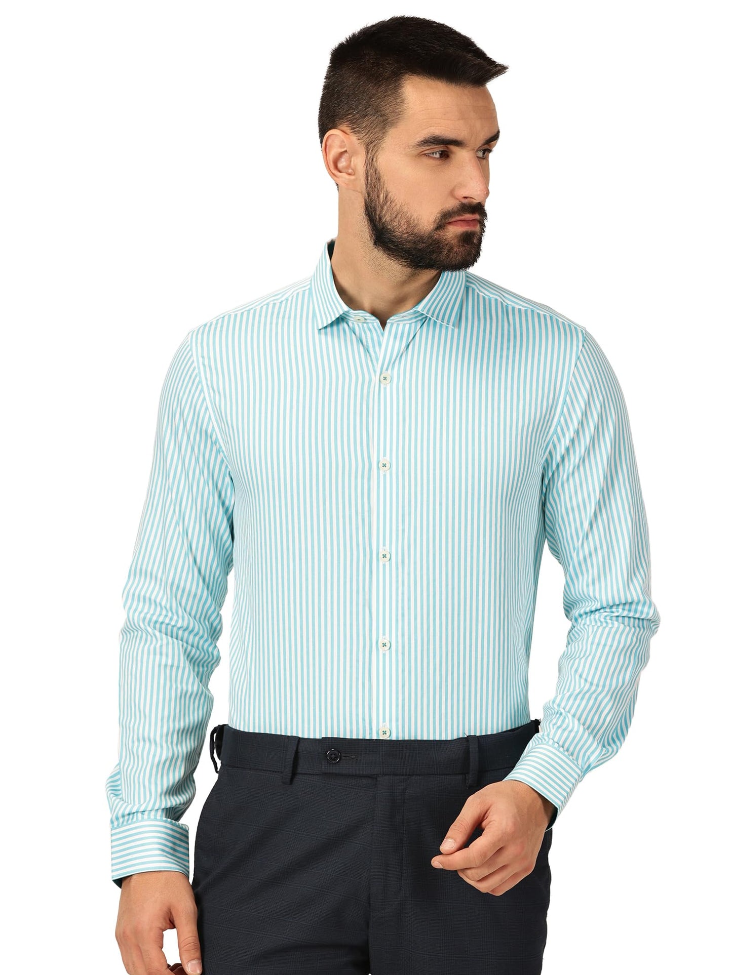 Thomas Scott 100% Cotton Strpes Slim Fit Formal Shirts for Mens Aqua