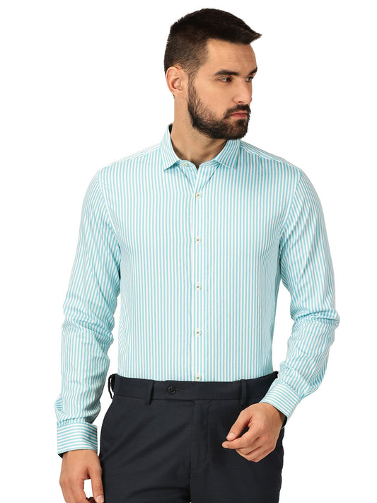Thomas Scott 100% Cotton Strpes Slim Fit Formal Shirts for Mens Aqua