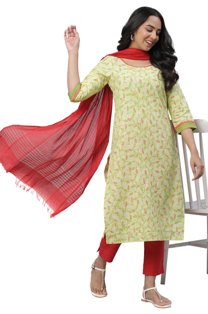 Aurelia Green Leaf Print Cotton Regular Kurta For Women