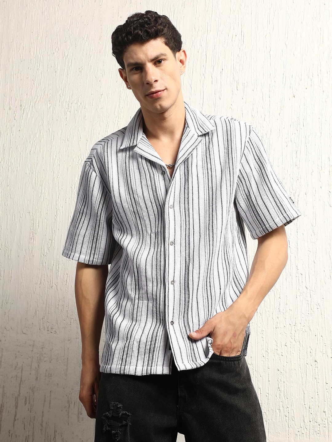 Hubberholme Men Summer Cotton Spread Collar Short Sleeves Oversized Casual Shirt 41 White