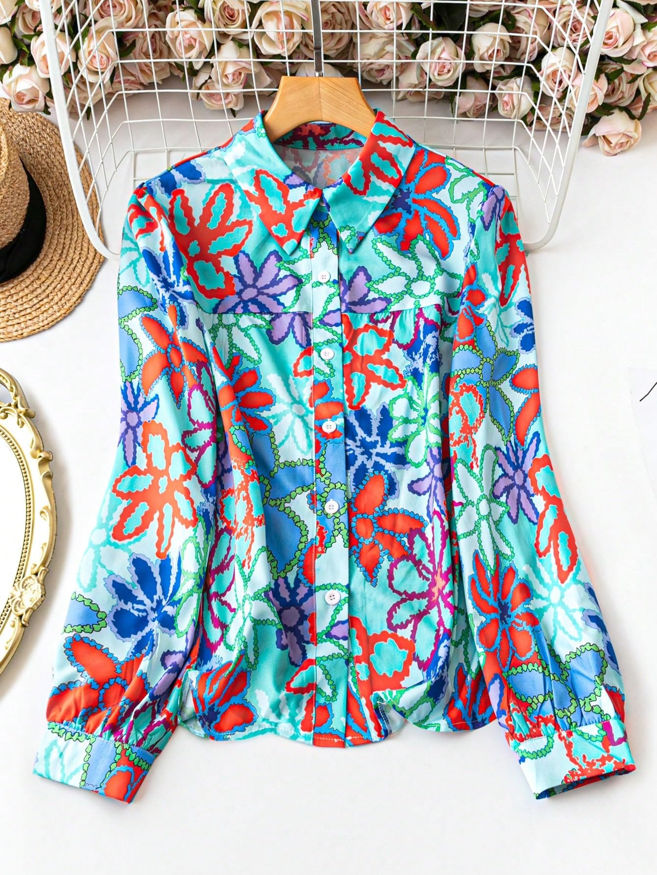 Shasmi Girls & Womens Solid Sea Green Colorful Casual Fit Lapel Cardigan Shirt Colorful Flower Printed Long Sleeve Shawl Colla