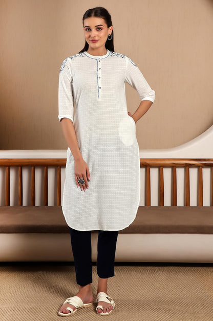 W White Cotton Thread Work Straight-Long Kurta for Women