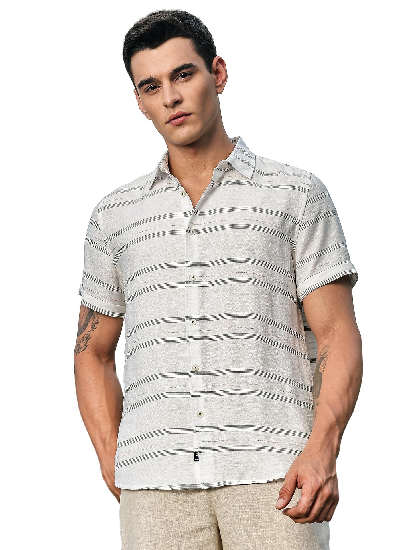 Thomas Scott Mens | Stripes | Short Sleeve | Spread Collar | Premium Polycoton Material | Slim Fit | Casual | Shirts for Men(TS