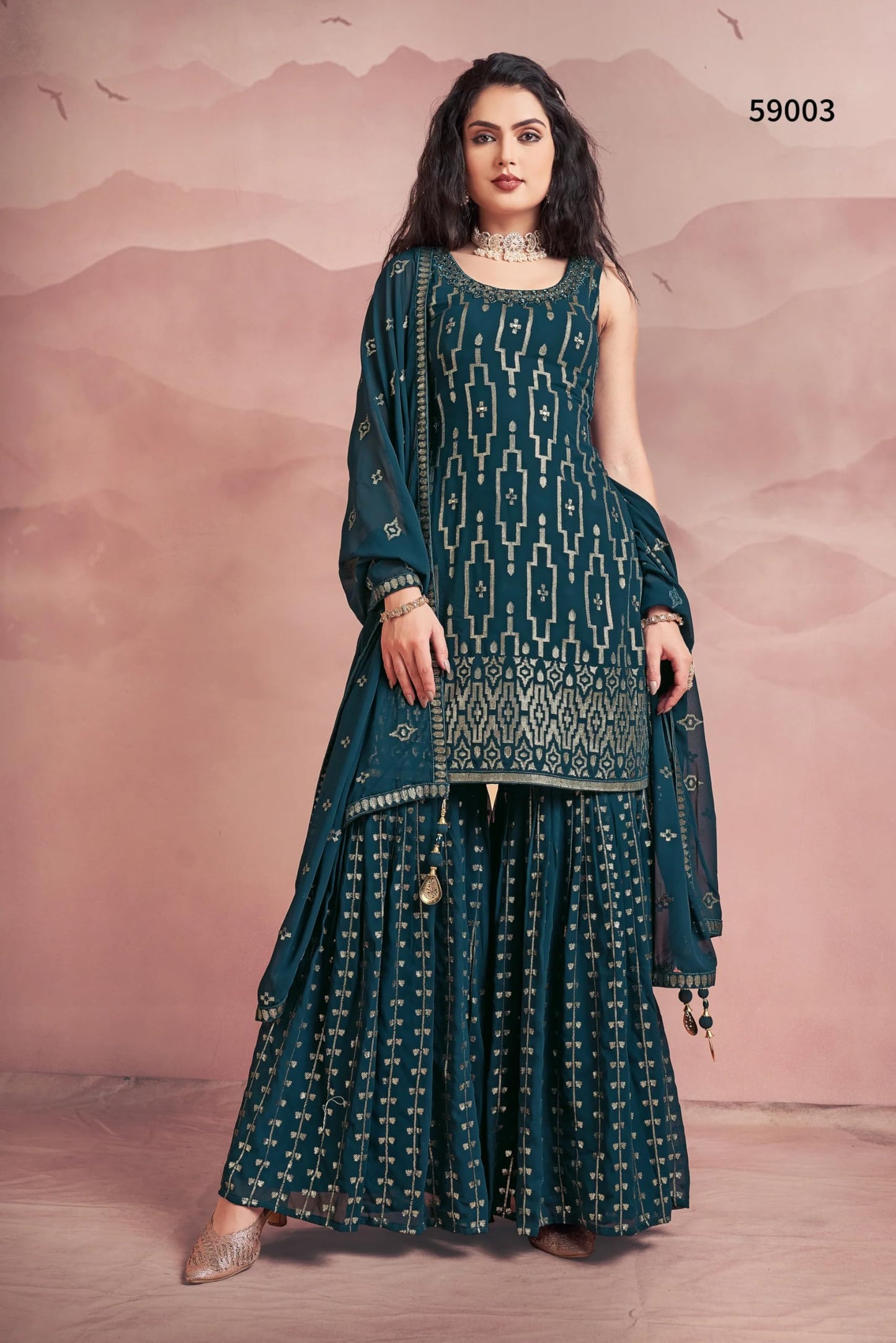 Xomantic Fashion WomenS Georgette Dupatta Xf-2267 Kurta Sharara Set_Teal