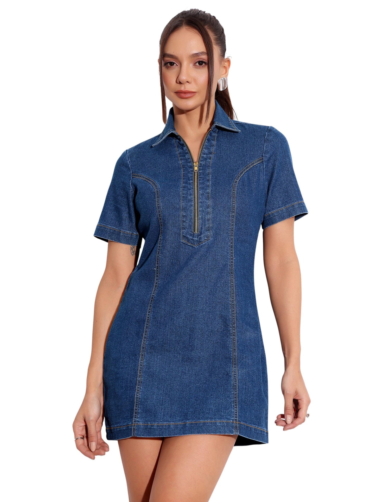 Miss Chase Womens Collared Half Sleeve Mini Dress (MCAW24DEN04-60-57-06, Dark Blue, XL)