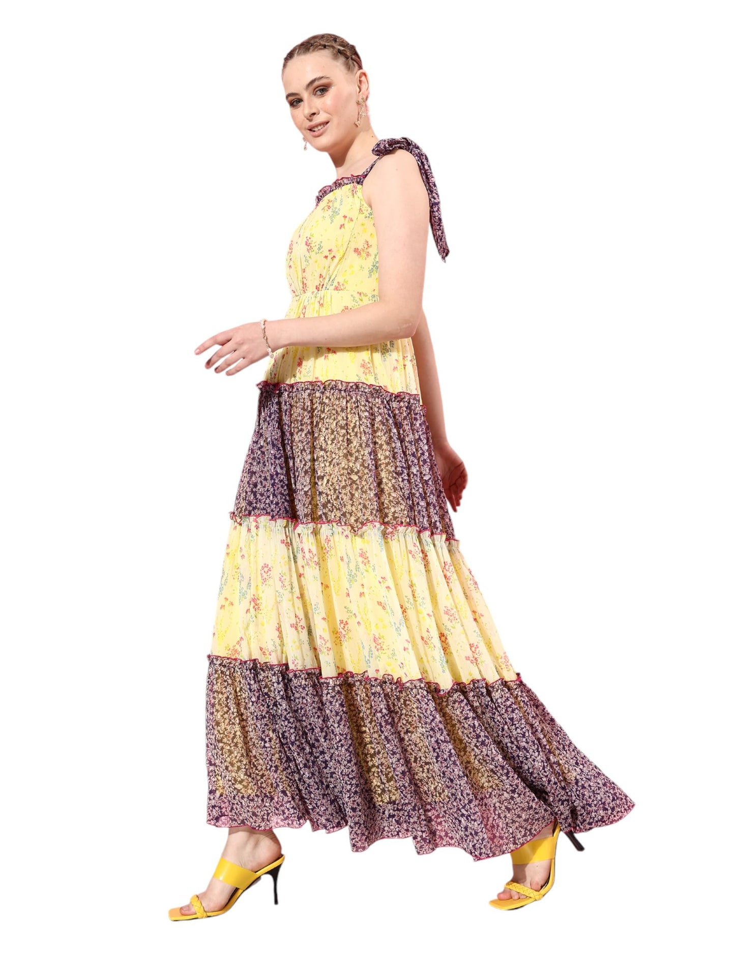 Miss Chase Womens Square Neck Shoulder Strap Tie-Up Floral Patterned Tiered Maxi Chiffon Dress (MCAW22D06-57-224-04, Multicolor