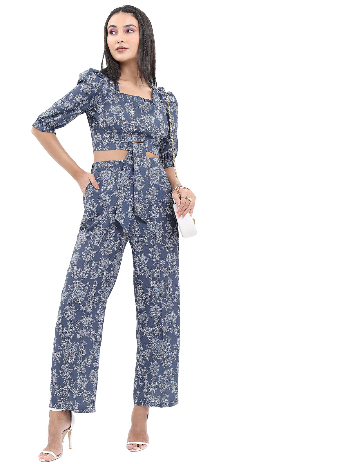 Ketch Polyester Women Crop Top With Kaftan And Pant (Suit-Skirt Set Blue