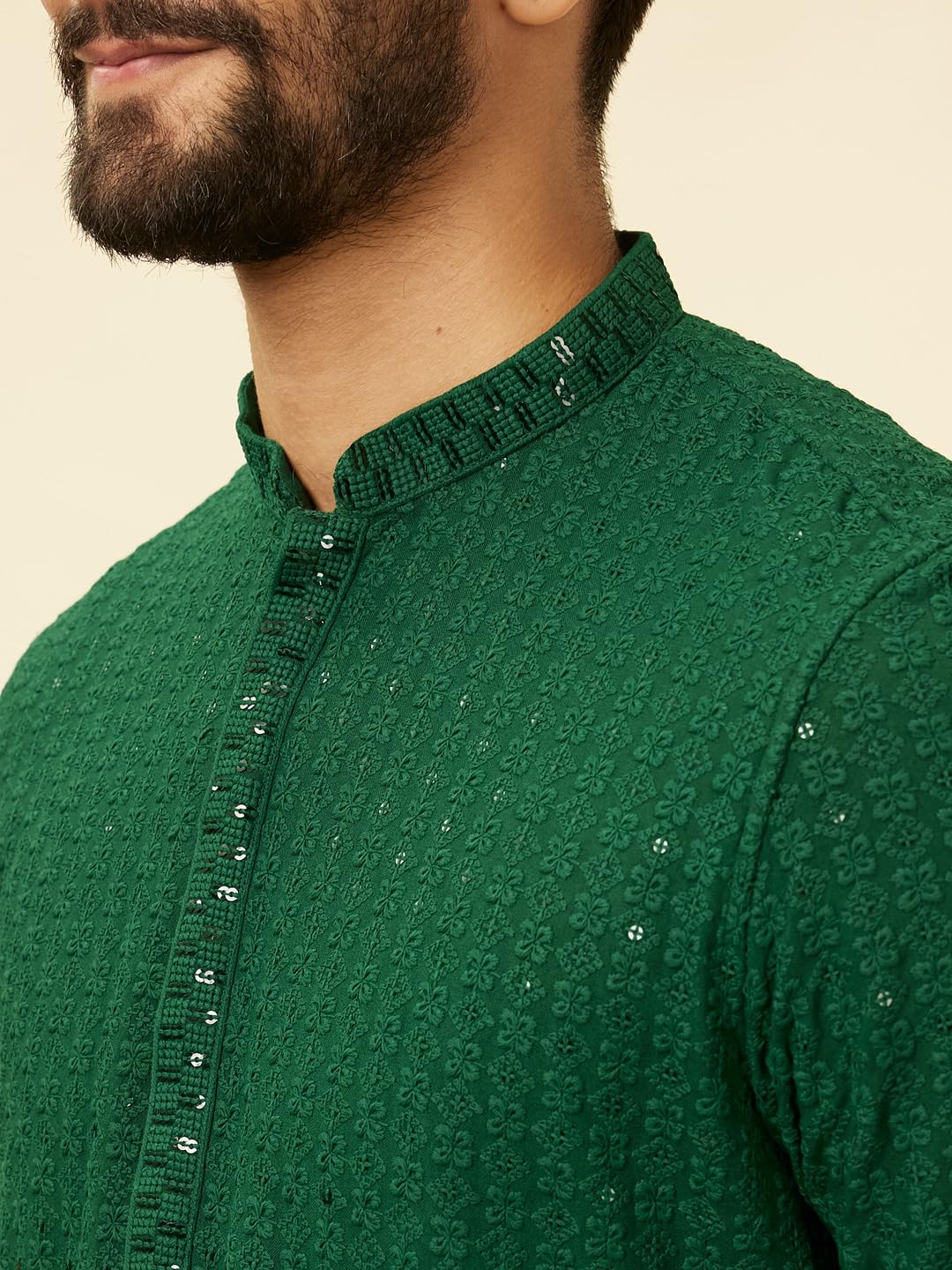 Manyavar Mens Green Viscose Embroidered Kurta Pyjama Set