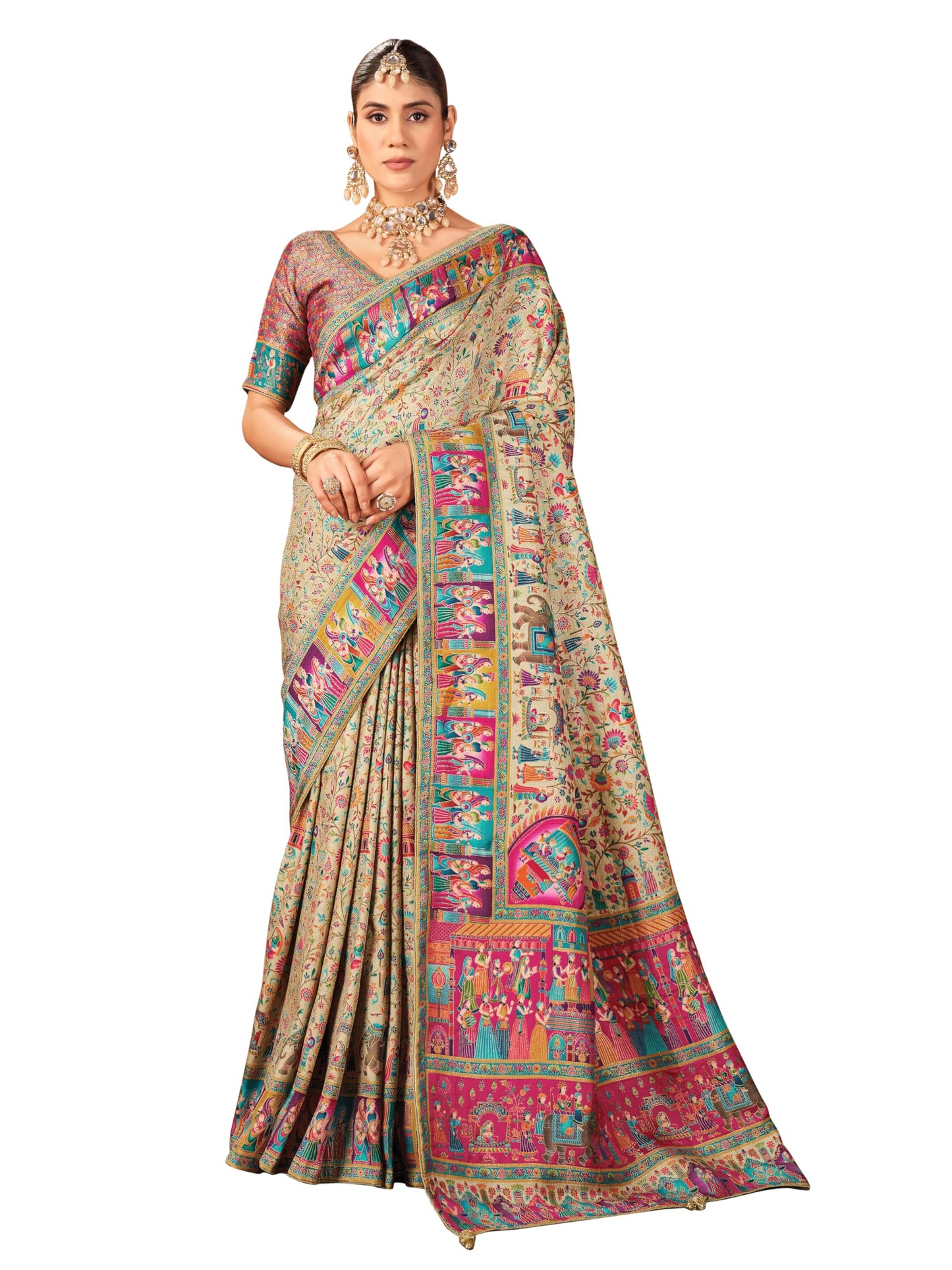 Glory Sarees WomenS Luxurious Dola Pure Silk Original Saree Position Print Work Madhubani Inspired Motifs Banarasi Kanjivaramwil