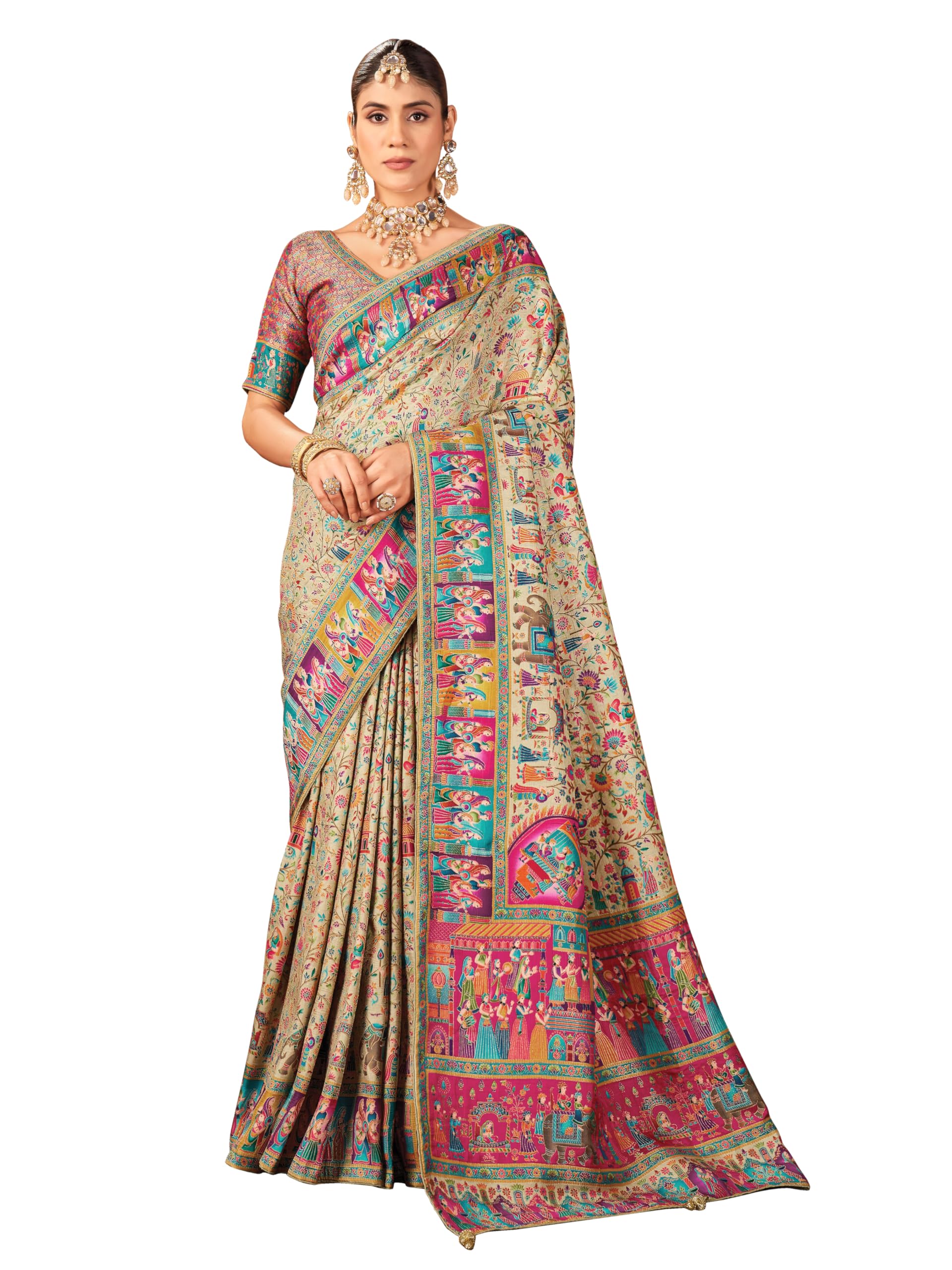 Glory Sarees WomenS Luxurious Dola Pure Silk Original Saree Position Print Work Madhubani Inspired Motifs Banarasi Kanjivaramwil