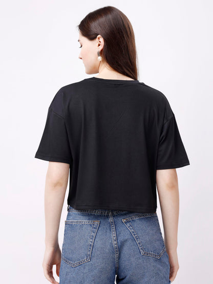ELLITI Soft Rich Cotton Casual Cat Face Printed Black Half Sleeve | Round Neck | Oversized/Loose Fit | Down Solder | Rainbow Col