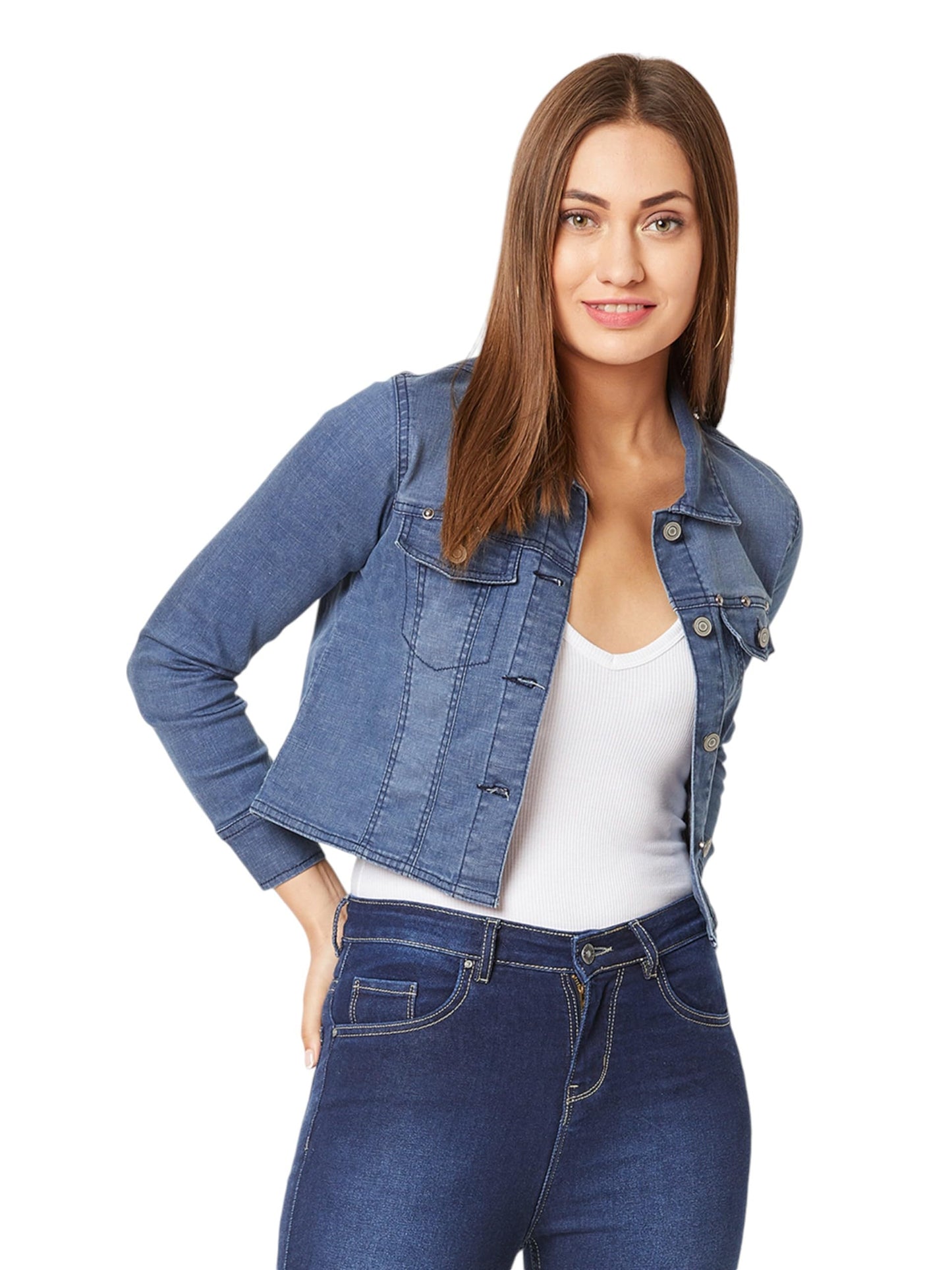 Miss Chase Womens Solid Polo Neck Full Sleeves Cropped Jacket (MCAW19DEN05-56-319-06, Midnight Blue, XL)