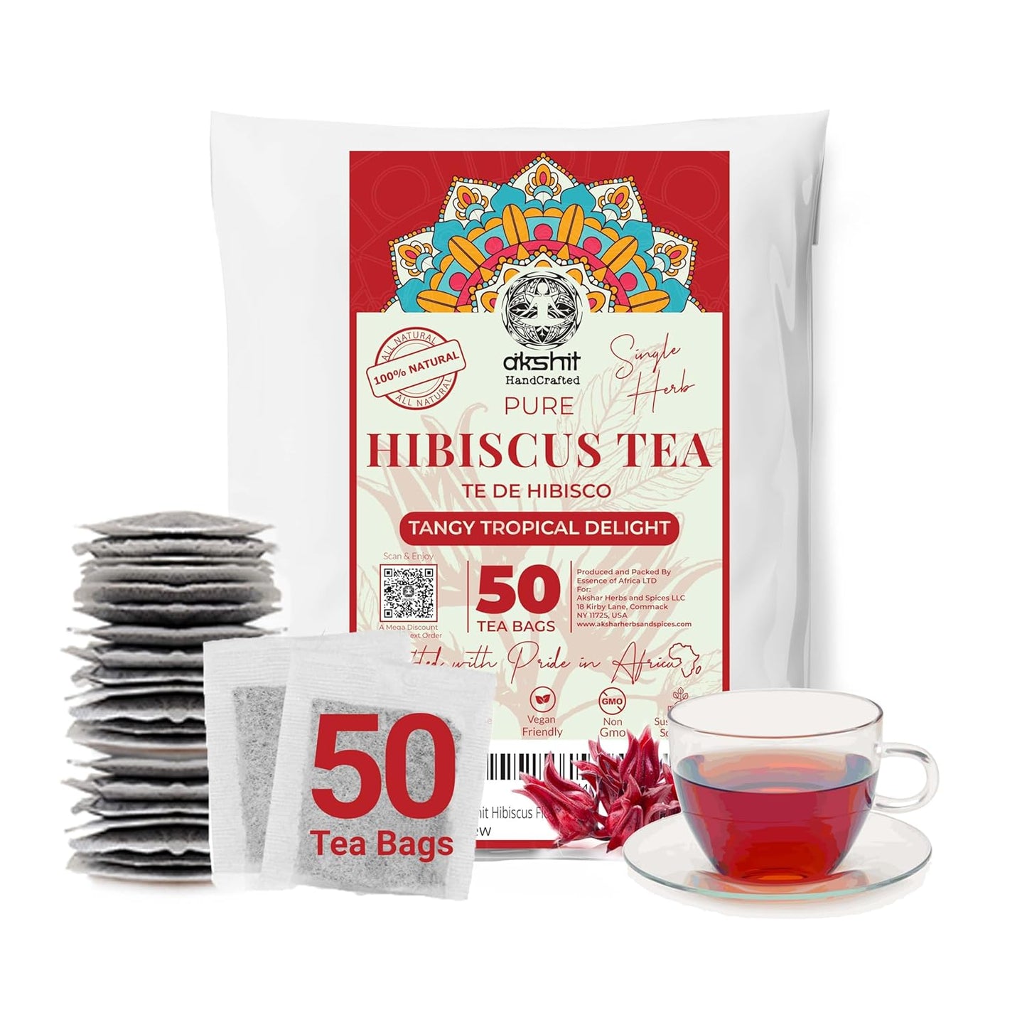Akshit 50 Hibiscus Tea Bags, Pure Hibiscus Tea, Te De Hibisco from 100% Dried Hibiscus Flowers, Caffeine Free, Sugar Free, Stress Relieving & Energy Tea