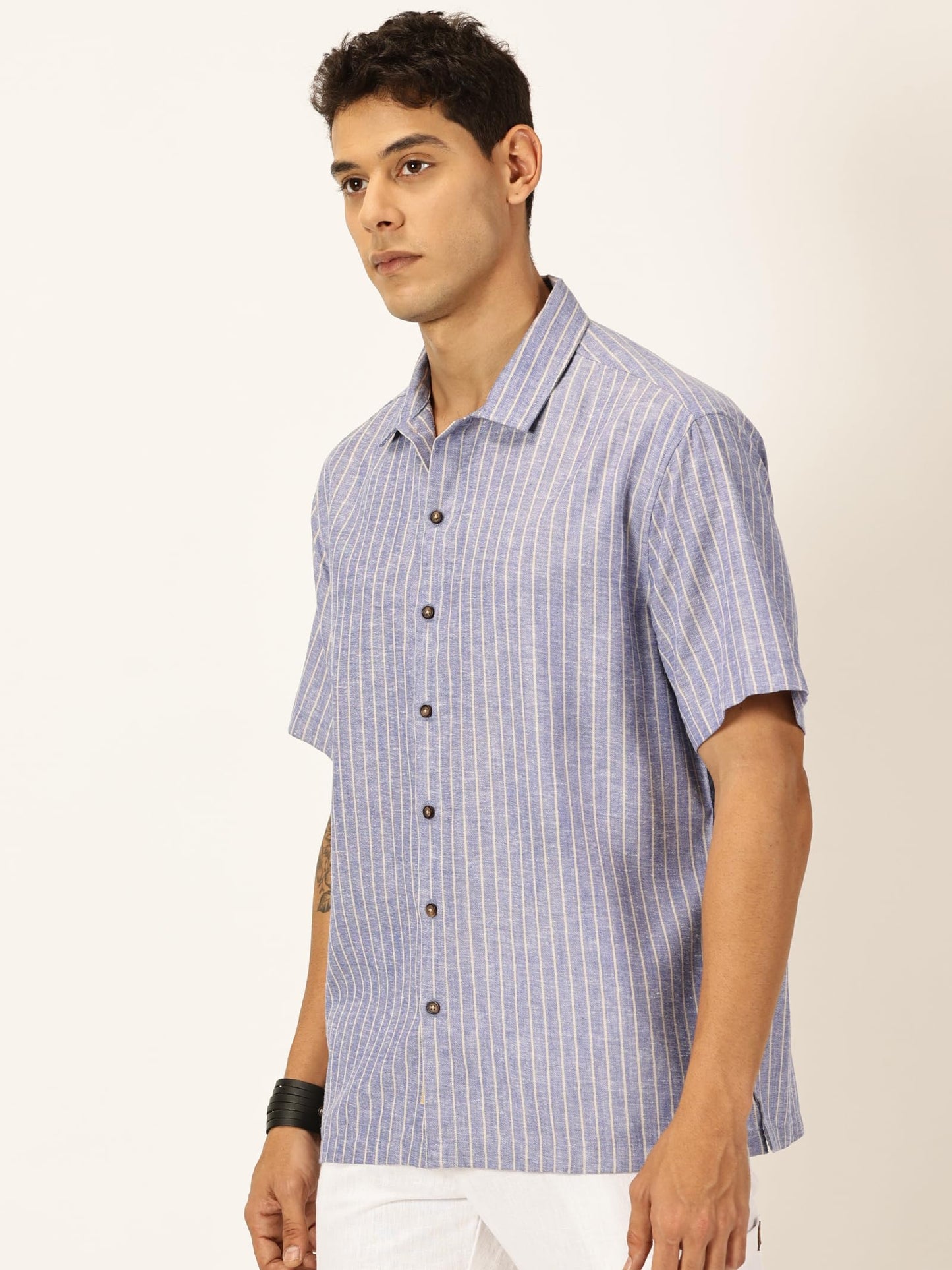 Thomas Scott Premium Linen Blend Half Sleeves Spread Collar Striped Casual Shirt for Mens Blue