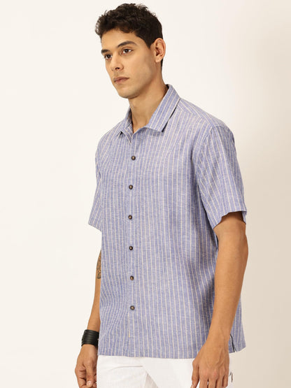 Thomas Scott Premium Linen Blend Half Sleeves Spread Collar Striped Casual Shirt for Mens Blue