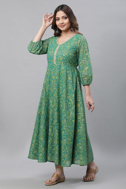 Aurelia WomenS Green Floral Foil Printed Flared Kurta
