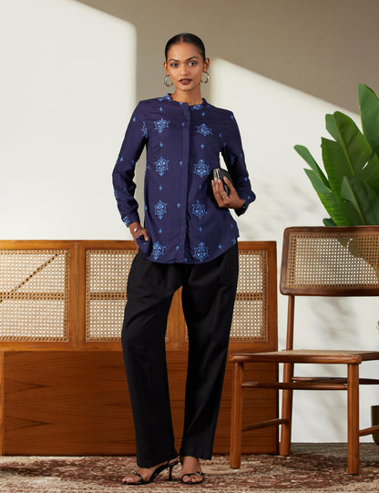 W Blue Floral Printed Shirt-Style Top for Women