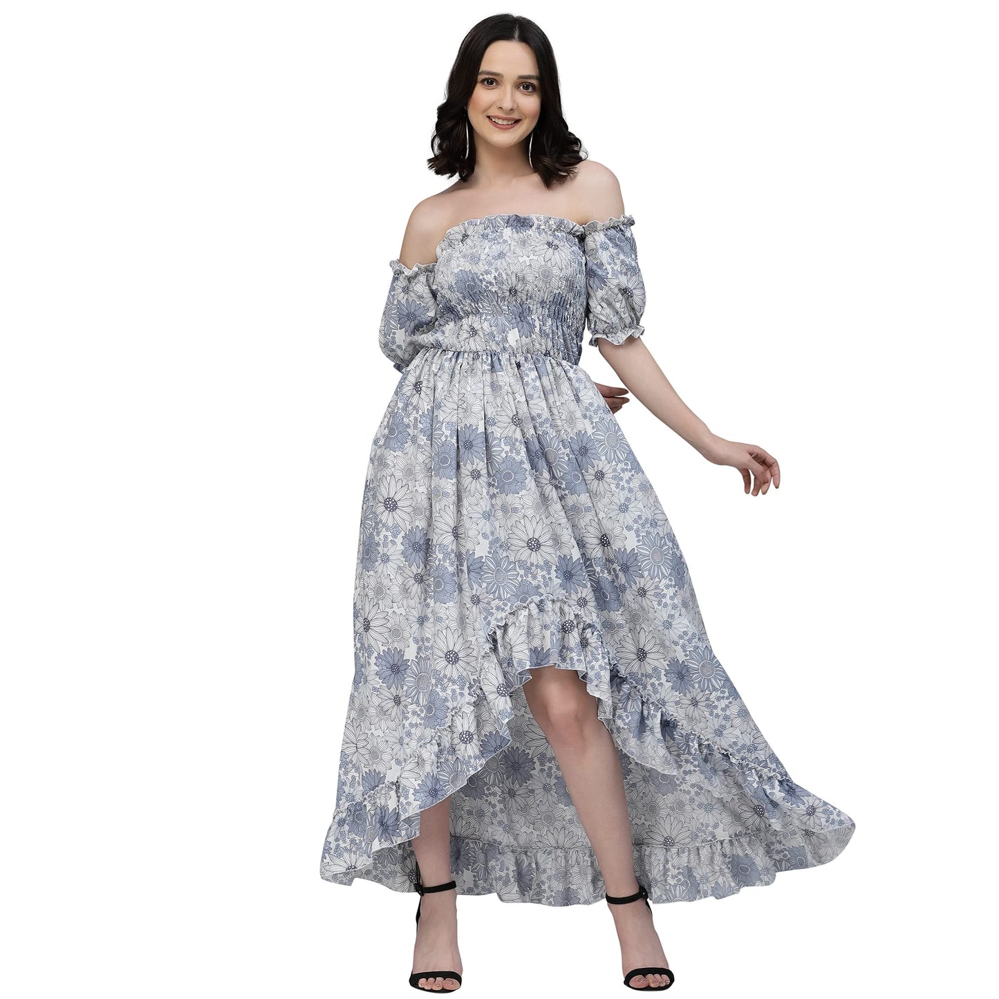Oomph! Flared Dress For Women Stylish | Long One Piece For Women | Off Shoulder Puff Sleeve Long Dress | Floral Print Maxi One P