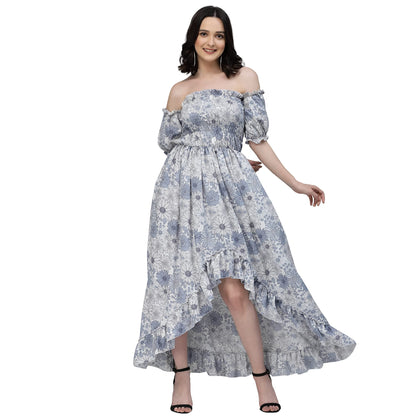 Oomph! Flared Dress For Women Stylish | Long One Piece For Women | Off Shoulder Puff Sleeve Long Dress | Floral Print Maxi One P