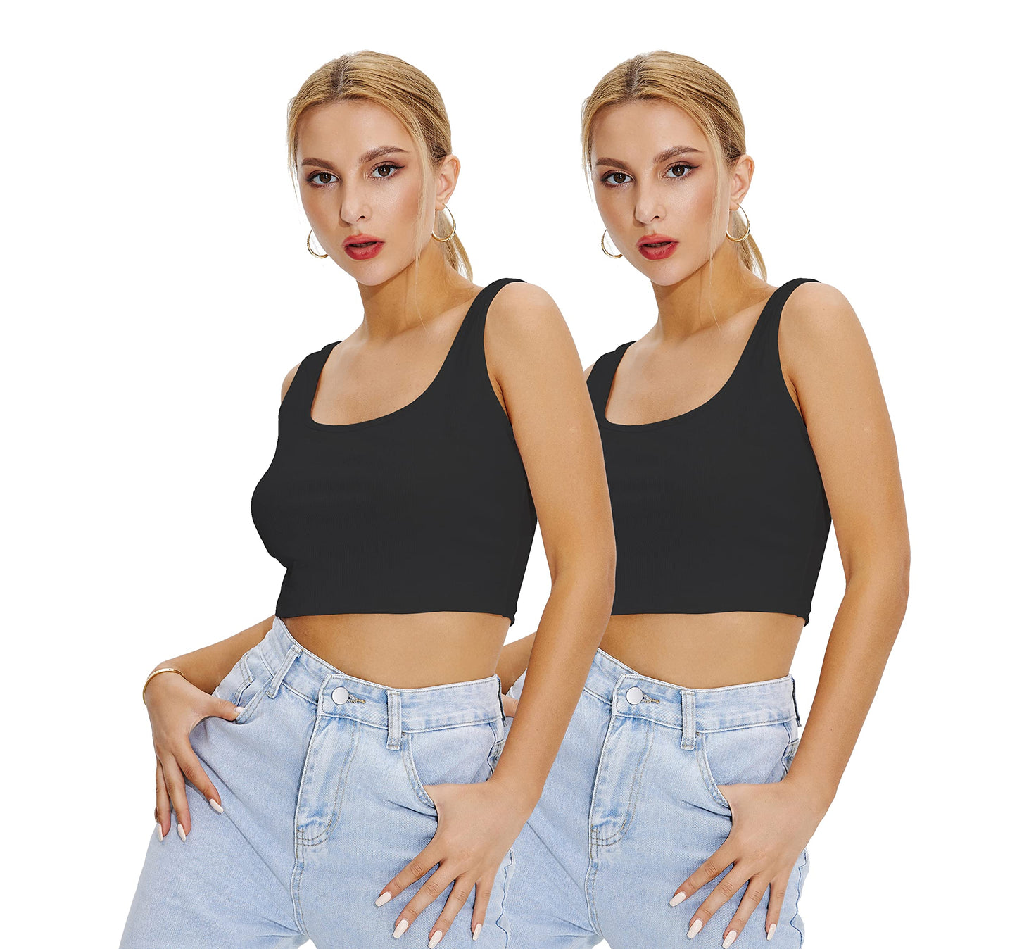 Shasmi Womens & Girls Solid Ribbed Square Neck Collarless Sleeveless Slim Fit Simplicity Tank Tops (Pack of 2) (TOP 36 Black B