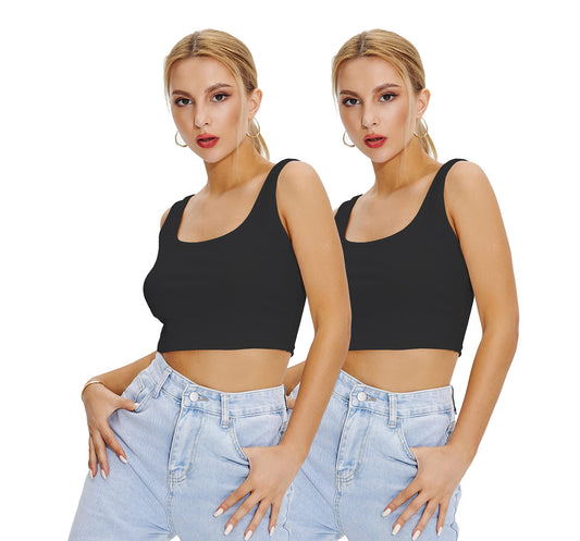 Shasmi Womens & Girls Solid Ribbed Square Neck Collarless Sleeveless Slim Fit Simplicity Tank Tops (Pack of 2) (TOP 36 Black B
