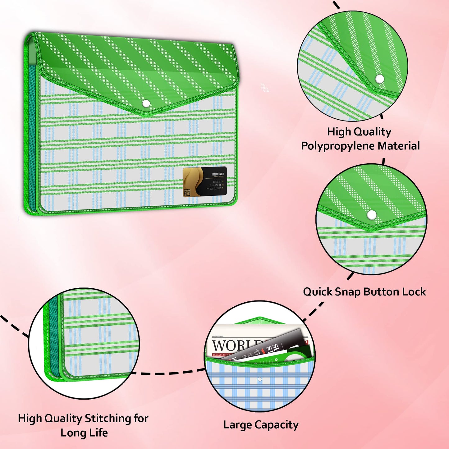 Fedus Documents Holder Envelope Folder, Stylist Printed File Storage Bag With Snap Button Transparent Plastic File For Documents