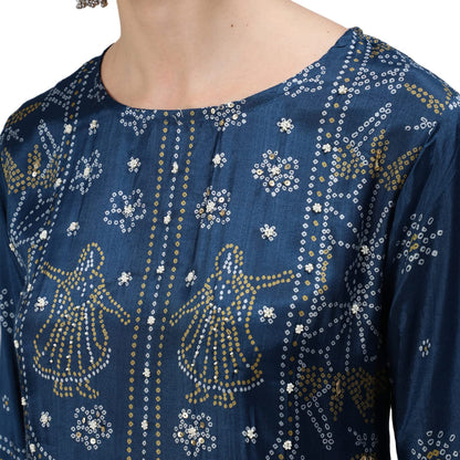 ishin Women's Silk Blend Embroidered Beads and Stones Teal Bandhani Print Straight Kurta suit set With Dupatta & Trouser