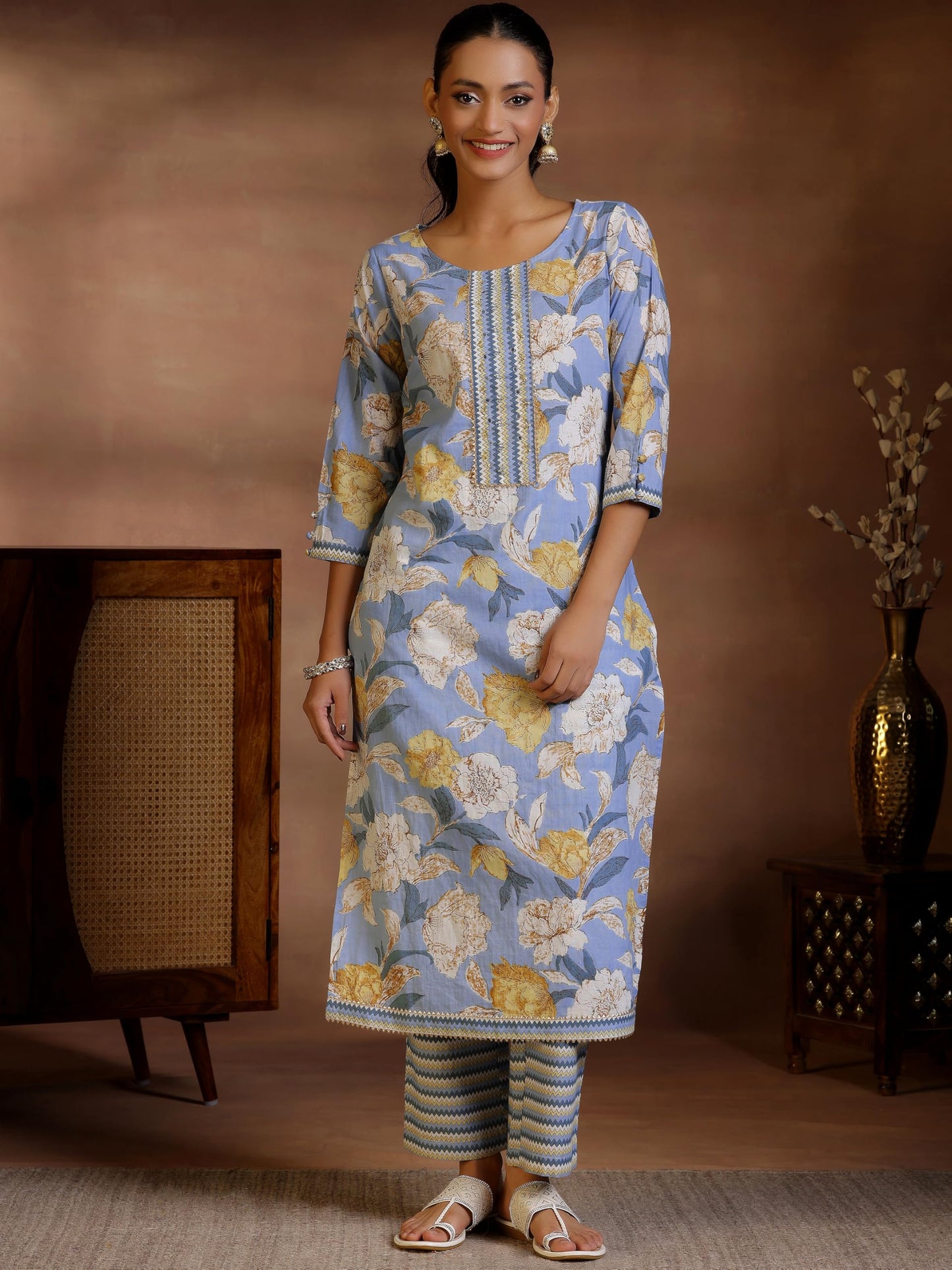 Libas Womens Printed Cotton Straight Kurta With Palazzos