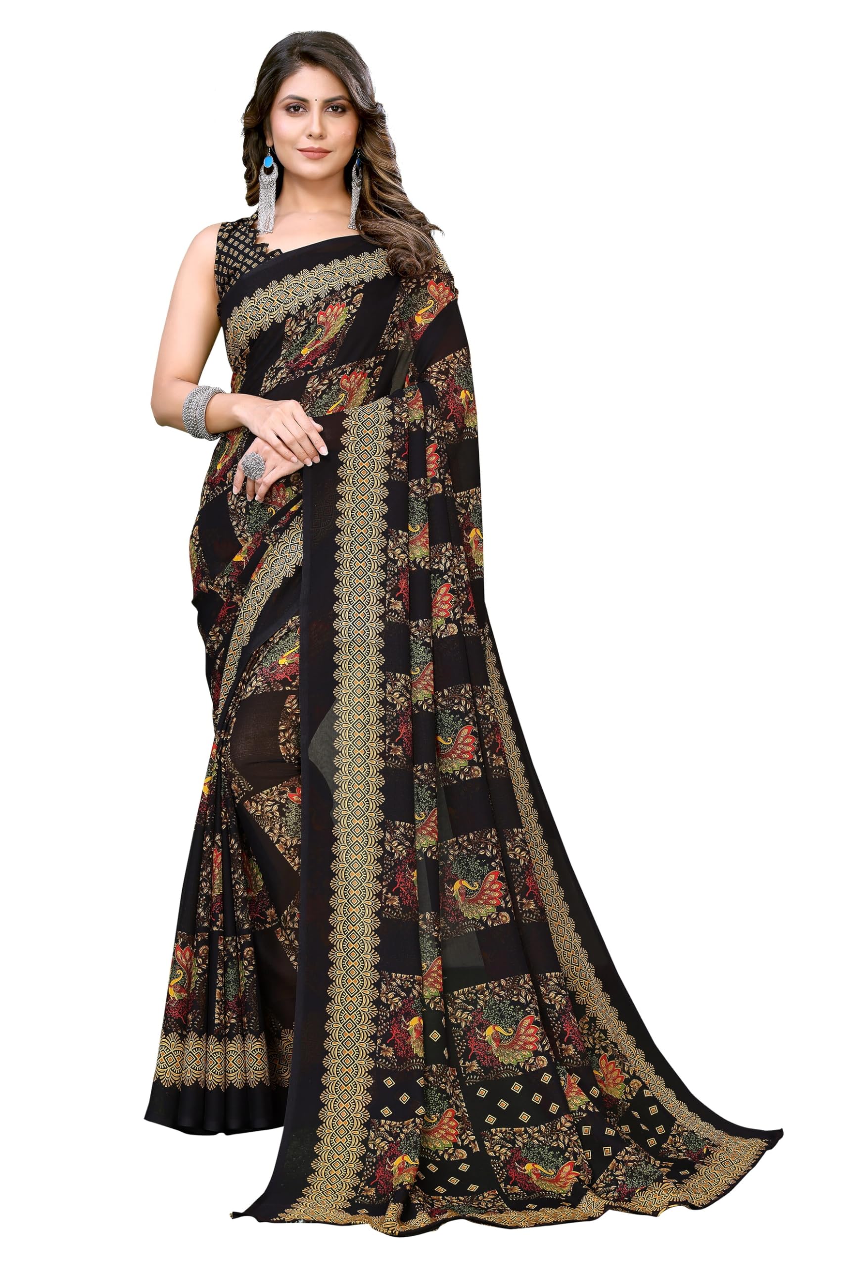 Yashika Womens Trendy Printed Georgette Black Color Saree with Blouse Material(RAMBHA BLACK)