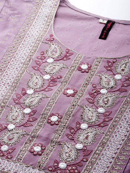 ishin Women's Purple Embroidered A-Line Kurta set With Trouser and Dupatta