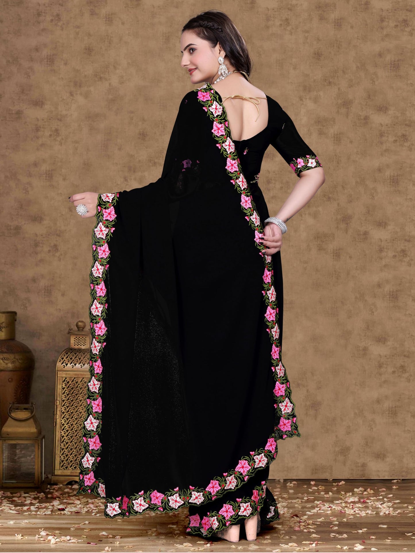 Suketa WomenS Soft Georgette Saree With Floral Printed Border Unstitched Blouse Piece Solid Pattern | Saree For Woman Daily Wear
