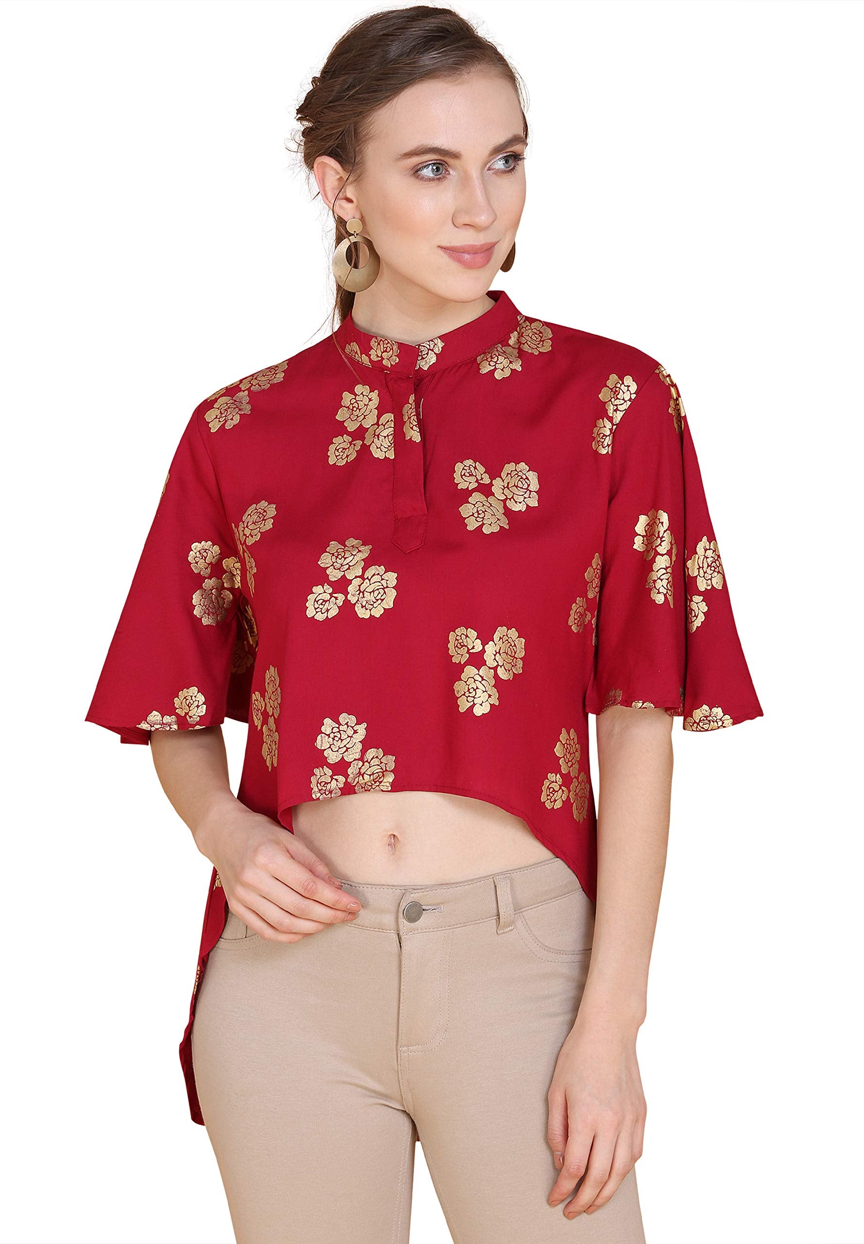 ANNI DESIGNER Womens Red Rayon Crop Top with Gold Foil Print (DALEMA TOP_M