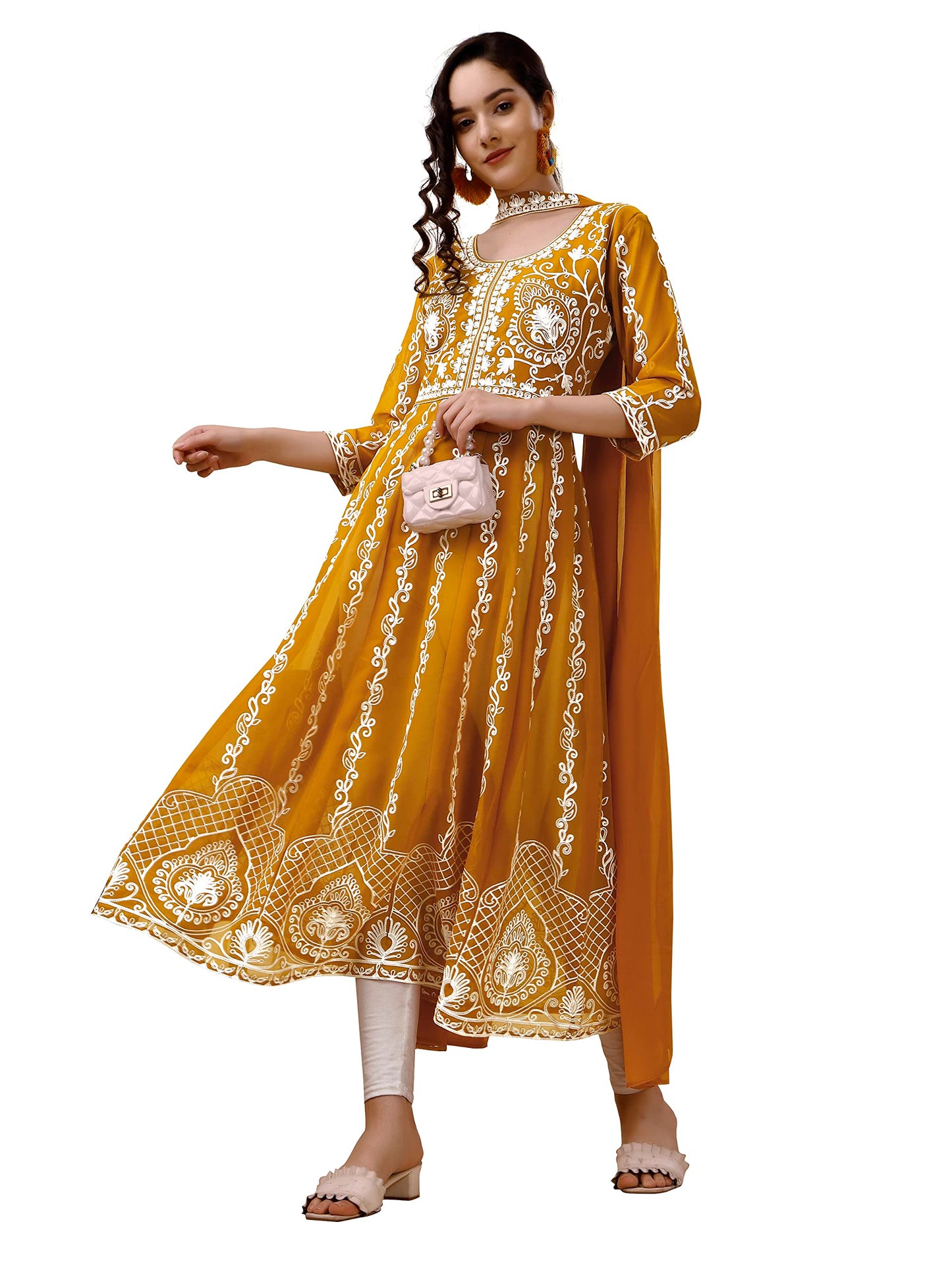 EthnicJunction Women s Georgette Chikankari Embroidery Anarkali Kurta Dupatta Set (KD1-Nazma-Mustard_2XL_Honey Yellow)