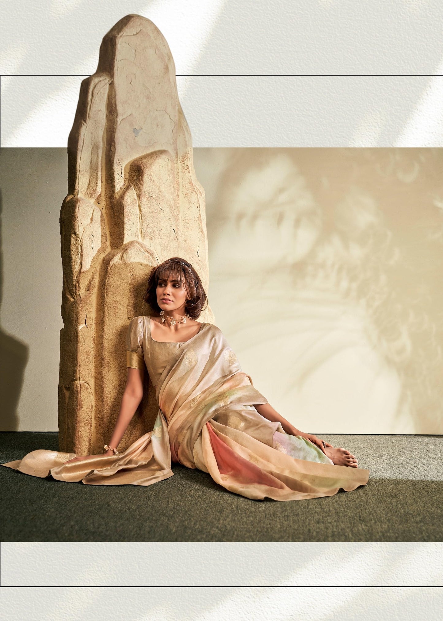 Pujia Mills WomenS Leaf Zari Woven Design With Ombre Print Silk Saree With Unstitched Blouse