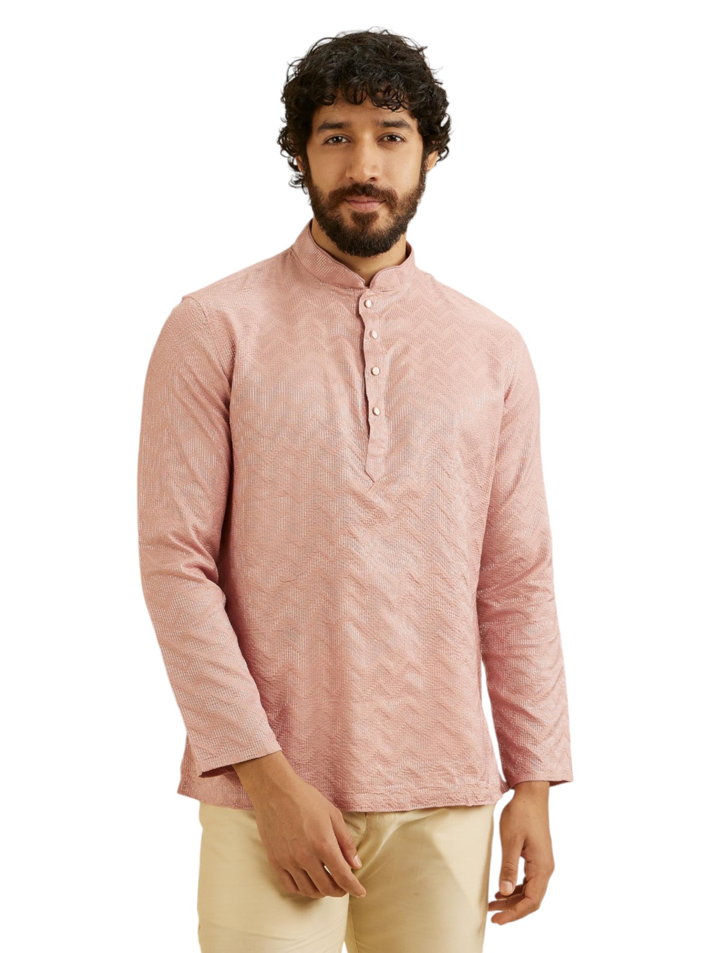 Manyavar MenS Viscose Blend Textured Short Kurta (Pink,L)