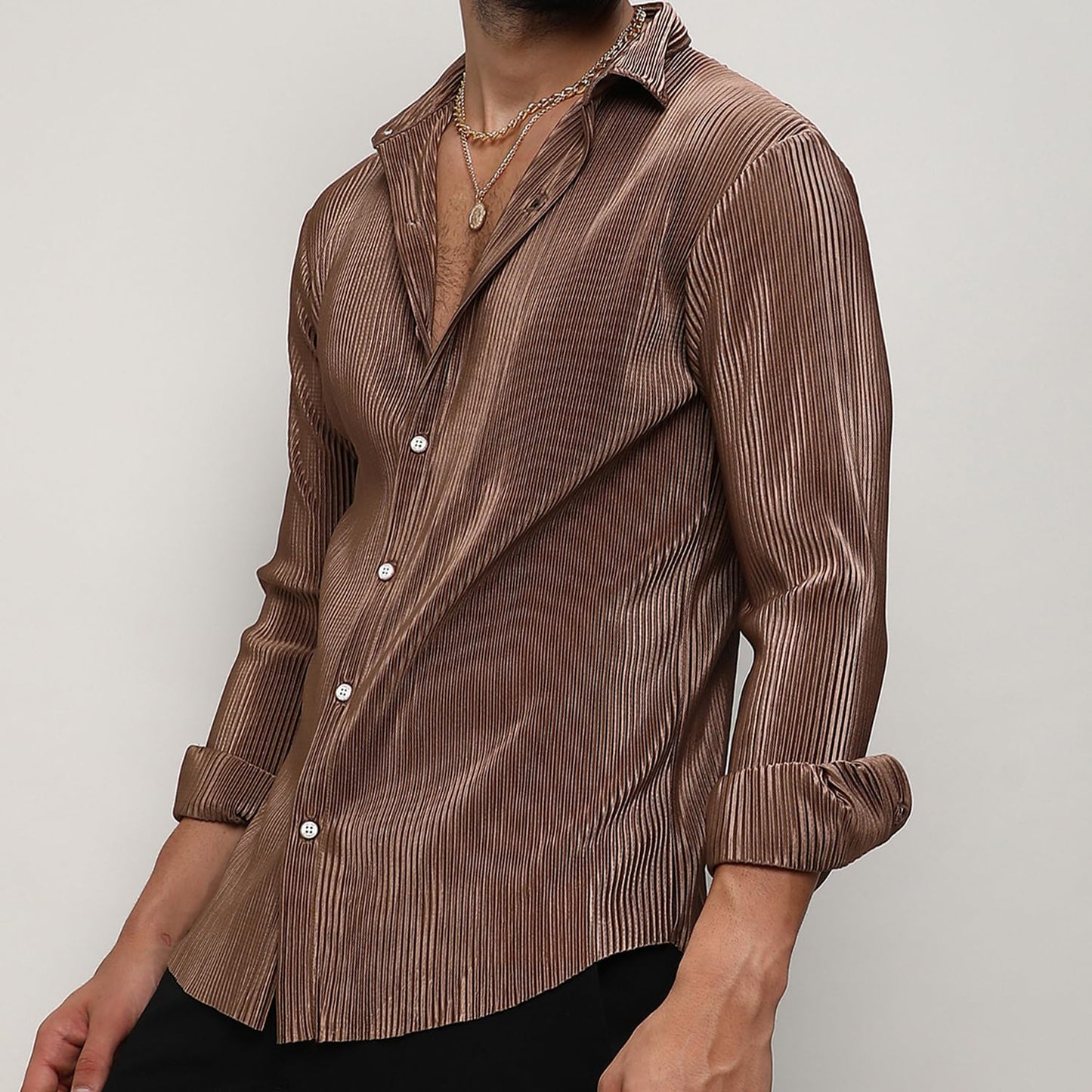 Campus Sutra Mens Mocha Brown Pleat-Creased Shirt for Casual Wear |Spread Collar |Long Sleeve | Button Closure | Shirt Crafted
